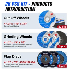 SI FANG 26 Pcs Cut Off Wheel & Grinding Wheel Flap Disc 4 1/2 inch x 7/8 inch Arbor, General Purpose Metal & Wood Cutting Grinding Sanding Discs Kit for Angle Grinder