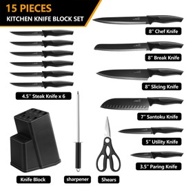 E-far Knife Set with Block, 15 Pieces Kitchen Knife Block Set with Sharpener, High Carbon Stainless Steel Sharp Chef Knife Set with Ergonomic Handles, Anti Rust, Black