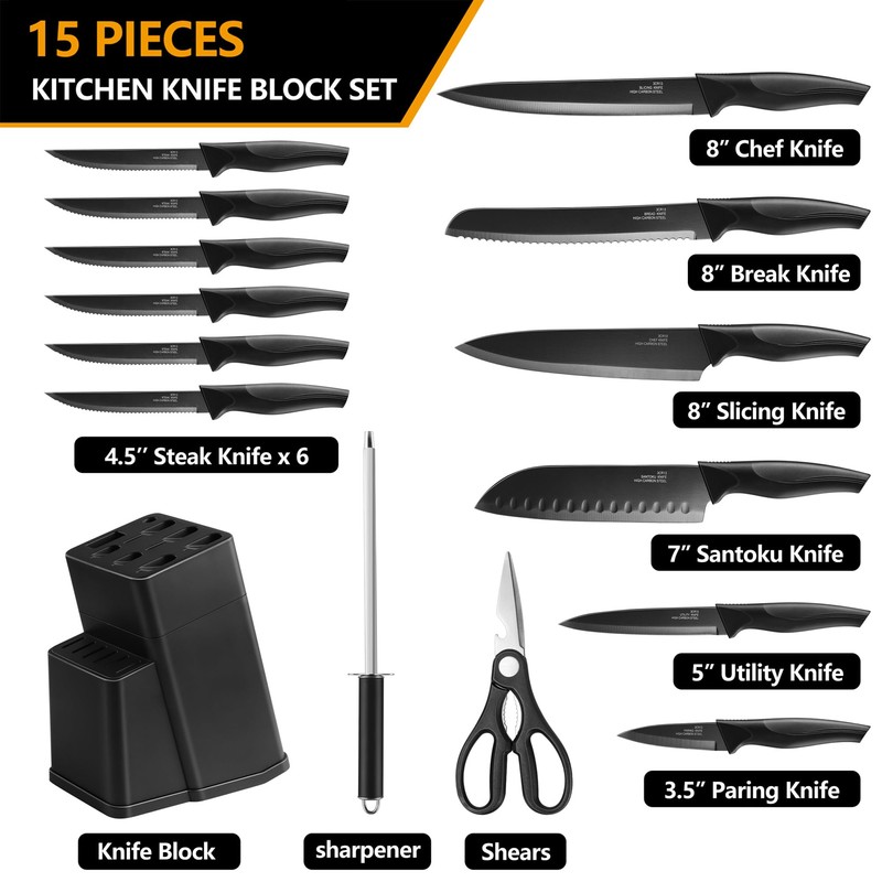 E-far Knife Set with Block, 15 Pieces Kitchen Knife Block