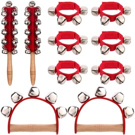 10 PCS Hand Bell Christmas Handle Jingle Bells Red Wooden Handle Bells Jingle Shaker Sleigh Bell Wrist Band Bells Musical Rhythm Toys Band Wrist Bells for Party Favors Christmas Supplies Accessories
