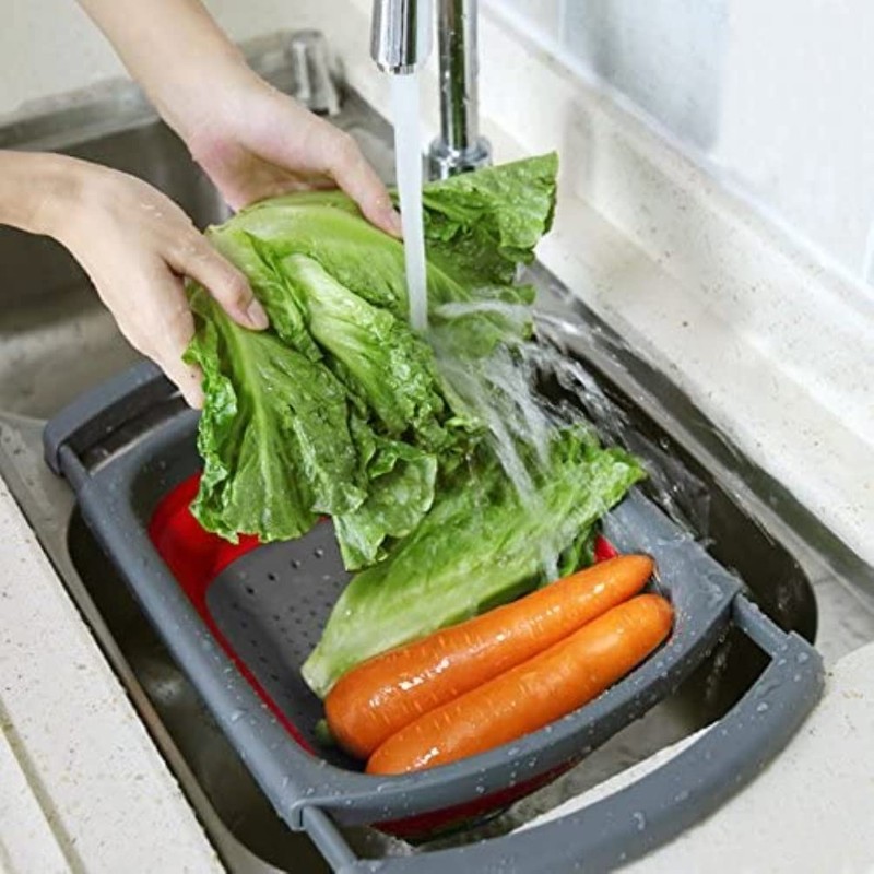 Collapsible Colander, Red Food Strainer Over the Sink Colanders Strainers