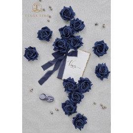 TINGE TIME 16PCS Artificial Flowers Rose Box, Navy Blue Silk Flowers Bulk w/Stem, Fake Rose Real Touch Silk Flowers for DIY Wedding Bouquet Centerpiece Party Home Decorations