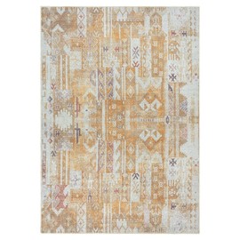 GLN Rugs Bohemian Collection - Machine Washable Area Rug, Bohemian Vintage Washable Rug, Non Slip Area Rug, Low Pile Chenille Living Room Rug, Bedroom Rug, Bathroom Rug (5'x7' Yellow Rug)