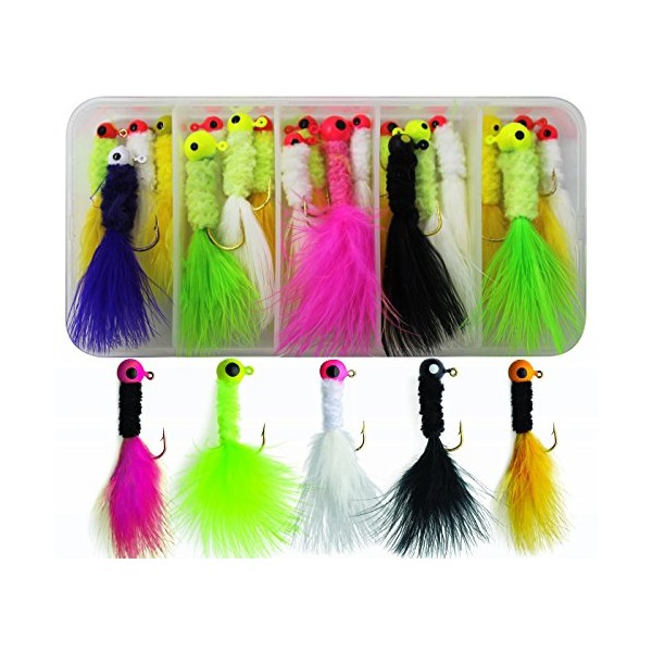 JSHANMEI 20pcs/box Crappie Jigs Assorted Colors Fly Fishing Lures Jig Head Hook With Marabou Chenille for Bass Pike Walleye Fishing Jig With Feather, Fishing Hard Lure Accessory Ice Fishing Jigs