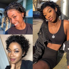 Pixie Curly Lace Wig Preplucked Human Hair Wigs Short with Baby Hair Bob Wigs Glueless Short Wig Curly Brazilian Remy Hair (150, 10 inches)