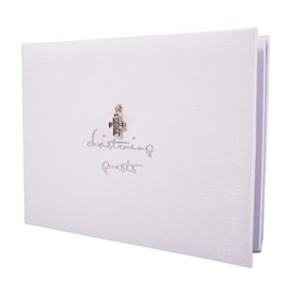Happy Homewares Beautiful White Satin Fabric Christening Guest Book with Silver Metal Cross and Christening Guests in Stamped Foil Text | 40 Pages | Customize Information