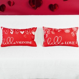 ONWAY Valentine's Day Throw Pillow Covers 12x20 Set of 2 Farmhouse Hello Valentines Heart Rose Decorations Outdoor Red Patio Cushion Cover for Sofa Couch Home Bed