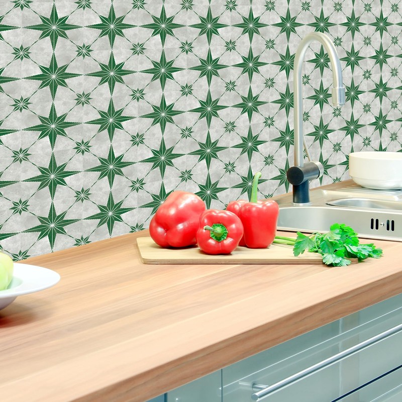 20 Pieces Tile Stickers, Classic Eight-Pointed Star Tile Stickers, Green