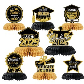 8 PCS 2025 Black Congrats Grad Honeycomb Centerpieces Graduation Party Decorations CongratulateTable Toppers for Party Supplies Class(Black Gold)