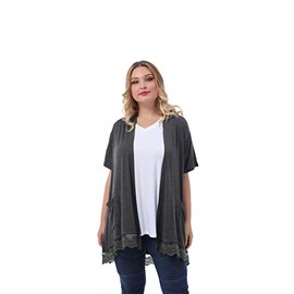 ZERDOCEAN Women's Plus Size Short Sleeve Lace Trim Lightweight Printed Drape Cardigan with Pockets Dark Gray 2X