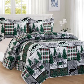 Elegant Comfort 3-Piece Holiday Rustic Plaid Patchwork Reversible Quilt - Soft Bedspread with Matching Pillow Shams, Heavy Weight Premium Stitching All Season Quilted Coverlet- California King, Forest