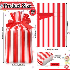 Bulyoou 50 Pcs Carnival Goodie Bags Circus Plastic Cellophane Bags Red White Stripe Snacks Drawstring Bag Carnival Popcorn Storage Bags for Circus Carnival Showman Party Favor