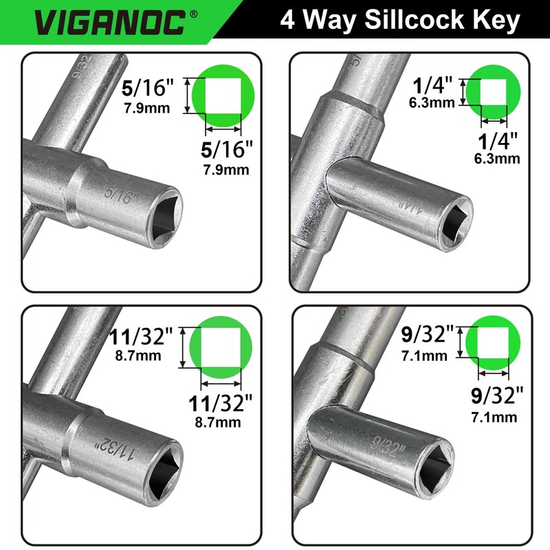 Viganoc 4 Way Sillcock Key, 1/4", 9/32", 5/16", 11/32", Utility