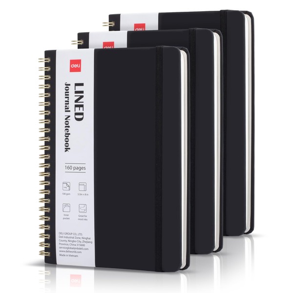 Deli 3-Pack Lined Spiral Journal Notebook Black, 160 Pages, A5
