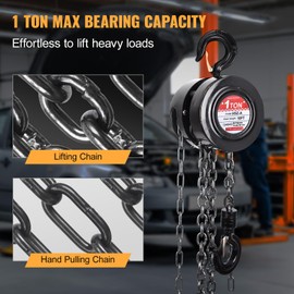 LFGUD Hand Chain Hoist, 1 Ton/2200 lbs Capacity, Heavy Duty Steel Chain Fall Hoist with 10 Ft Lifting Height, Manual Chain Block Hoist with 2 Chain Hooks for Lifting Good in Transport & Workshop