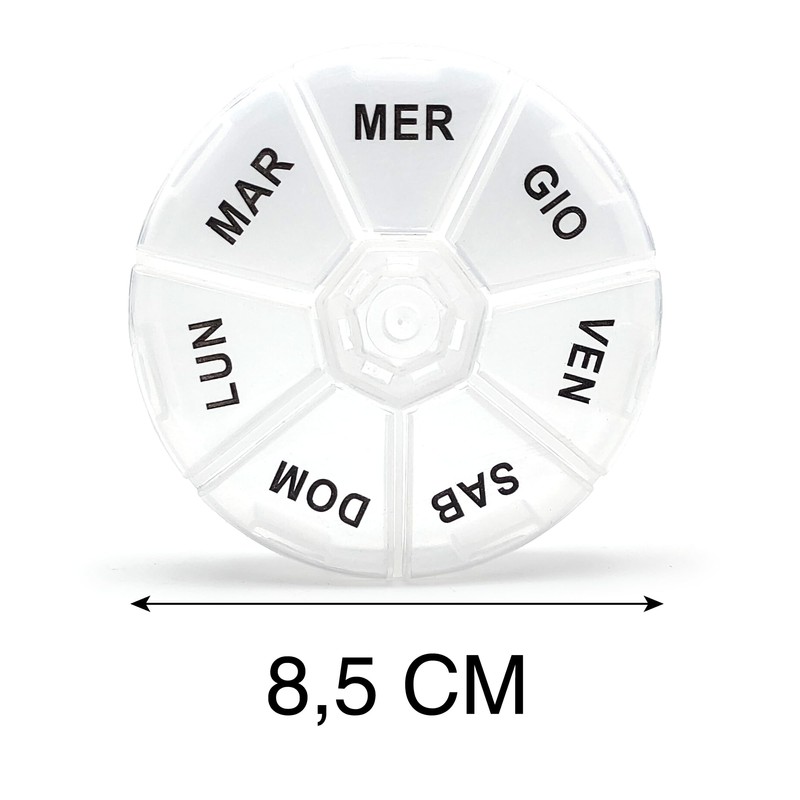 Weekly Round Pill Box 8.5cm with Large Italian Writing -