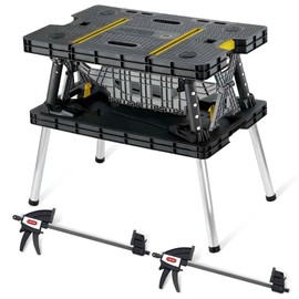 Keter Folding Work Table, Portable Workbench w/ 12" Clamps for Garage/Wood Shop - Heavy-Duty and All-Weather for DIY Home Improvements and Worksites