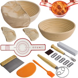 GUXVNE 16PCS Bread Proofing Basket Kit, 9 In Round Sourdough Proofing Basket, Proofing Set, Sourdough Bread Baking Supplies with Dough Whisk, Linen Liner, Dough Scraper, Bread Lame