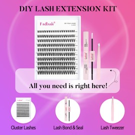 FADLASH DIY Lash Extension Kit Individual Lashes Cluster D Curl Eyelash Extension Kit with Lash Bond and Seal and Lash Applicator Tool for Self Application at Home (30D-0.07D-8-16MIX KIT)