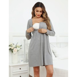 Bresdk Women's Long Sleeve Button Nursing Dress Sleepwear Maternity Wear Nursing Nightdress Maternity Clothing, gray