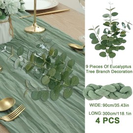 Jeinbuil Table Runner Eucalyptus Green Set of 4 with 9 Eucalyptus Branches Decorative Cheesecloth Muslin Sage Green Table Runner Boho 90 x 300 cm Long Wedding Birthday Table Decoration