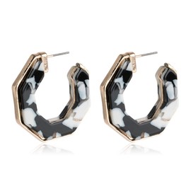 Multi Color Acetate Hoop Earrings - Mottled Resin Geometric Statement Hoops Leopard Oval, Animal Tortoise Marbled Disc (Metal Lined Acetate Octagon Hoops - Black White)