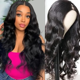 Enivuoso Body Wavy Black V Part Wig Upgrade U Part Wigs for Black Women 180% Density Full Head Clip In Hair Glueless Hair Replacement Synthetic Wigs (Black, 18 Inch)