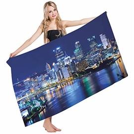 Mugod Beach Towel Bath Towels Cityscape Skyscrapers Downtown Pittsburgh USA American Night Skyline Business Town Yoga/Golf/Swim/Hair/Hand Towel for Men Women Girl Kids Baby 64x32 Inch