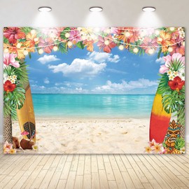 LIVUCEE 8x6ft Summer Hawaiian Beach Backdrop for Photography Tropical Flower Luau Aloha Backdrop Blue Sky Ocean Palm Leaves Background Birthday Hawaiian Party Decorations Supplies Photoshoot