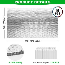 8P Garage Door Insulation Panels Kit 0.24' Thick Double Bubble Reflective Aluminum Foil Sheet Thermal Insulation Shield 120 Tapes Winter Clod and Summer Heat for Attic, Garage, Wall (24" x 60")