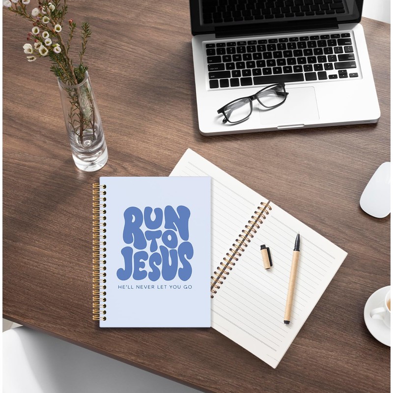KRHFG Blue Christian Spiral Notebook, Run to Jesus Bible Verse