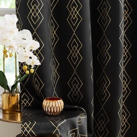 UGOUTRY 100% Blackout Curtains for Berdoom, Gold on Black Metallic Geometric Diamond Pattern Curtains 63 Inches Long Living Room Darkening Thermal Insulated Drapes Grommet Top Window Curtain, 2 Panels