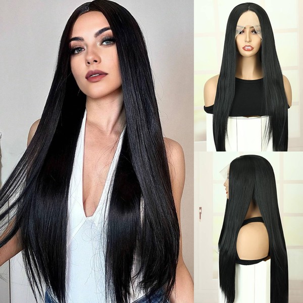 Queentas Long Black Straight Wigs for Women 13x3 Lace Front