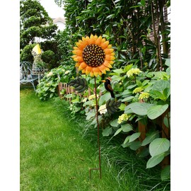 Flower Garden Stake Decorative Flower Yard Stake, Sunflower Decor Metal Yard Art Decor Outdoor Garden Decoration for Patio Porch Lawn Pathway Backyard 33.5" x 13" x 1" (Orange Sunflower Garden Stake)