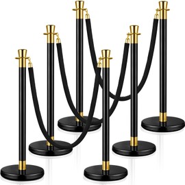 Wesiti Stainless Steel Stanchions Post with 3 Pcs 5 ft Black Velvet Rope, Red Carpet Ropes and Poles Black Crowd Control Barrier Ball Top Stanchions Sand Injection Hollow Base and Velvet Ropes(6 Pcs)