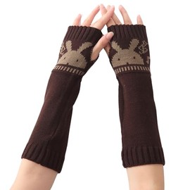 DUNKOING Knitted Arm Warmer Cute Rabbit Fingerless Glove Y2K Knit Mitten Wrist Warmer for Women Girls Ladies (Brown)