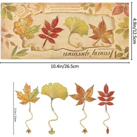 4 PCS Golden Fallen Leaves Bookmark, Metal Maple Plalnt Leaf with Chain Page Marker, Aesthetic Accessories for Women Book Lovers Writers Readers