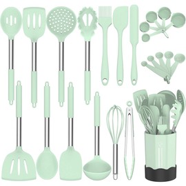 Silicone Cooking Utensil Set, Fungun Non-stick Kitchen Utensil 24 Pcs Cooking Utensils Set, Heat Resistant Cookware, Silicone Kitchen Tools Gift with Stainless Steel Handle (Green-24pcs)