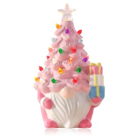 Pawliss Christmas Tree Gnome Decorations, Pink Christmas Decor Light-Up Ceramic Gnome with LED Battery Powered, Classic Christmas Decor for Home Shelf Cabinet Table, Home Display, Tabletop