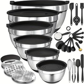 Stainless Steel Mixing Bowl Set, 18pcs/set Including Mixing Bowls & Sealing Lids & Grater Attachment & Other Accessories, Kitchen Gadget Set