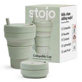 STOJO Titan Collapsible Travel Cup With Straw - Sage Green, 24oz / 710ml - Reusable To-Go Pocket Size Silicone Cup for Hot & Cold Drinks - Camping and Hiking - Microwave & Dishwasher Safe