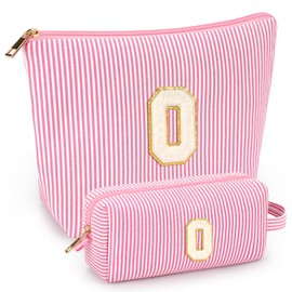 2 PCS Initial Makeup Bags for Women: Cosmetic Bag for Travel Toiletry - Birthday Gifts for 11 12 13 14 15 16 17 18 Years Old Girl Graduation Teacher Gift- Teen Girl Gifts Trendy Stuff - Pink O