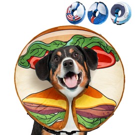 Docuwee Dog Cone Collar, Inflatable Neck Donut After Surgery for Large Medium Small Dogs and Cats, Soft Dog Cone Alternative, Protective Recovery E Collar Stop Licking, Hamburger, M