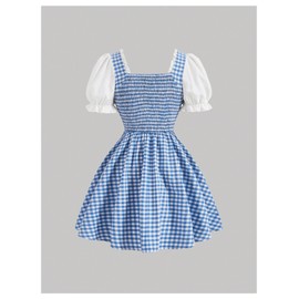 WDIRARA Women's Vintage Cottagecore Gingham Dresses Puff Sleeve Lace Up Corset Flared Dress Blue and White Small