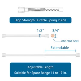 TYRON Tension Curtain Rod Small Adjustable 11 to 17 Inch, Spring Expandable Pressure Loaded Tension Rods, Window Curtain Rod for Kitchen, Closet, RV, Bathroom (White, 2 Pack)