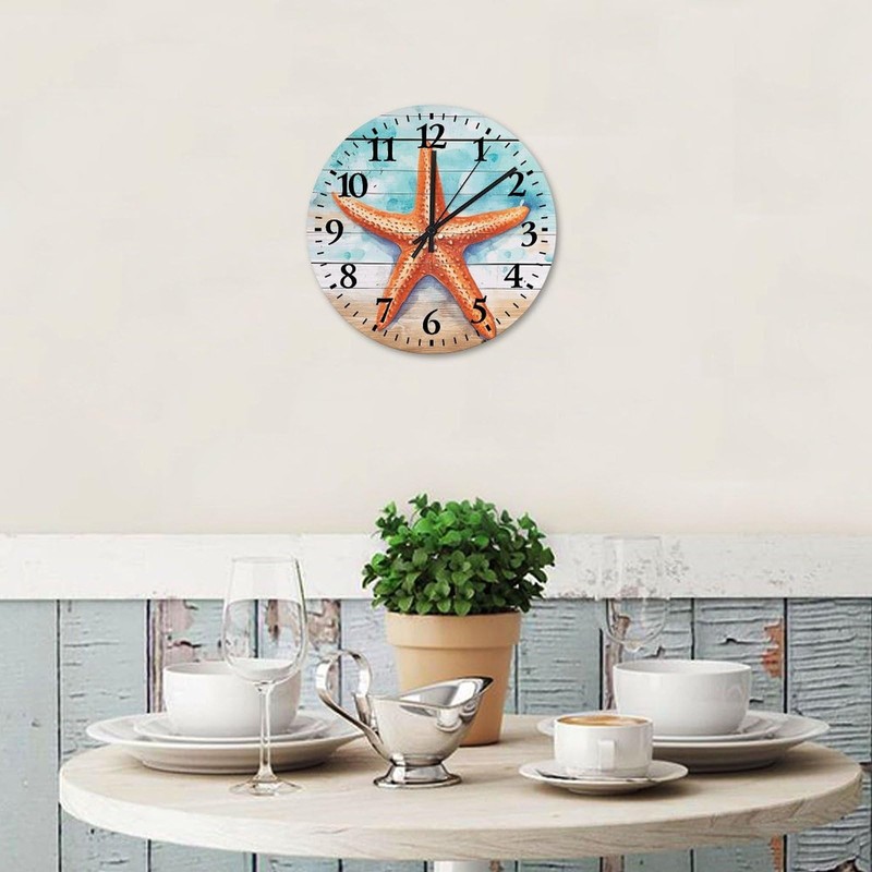 Minimalist Wood Clock Analog Round Non-Ticking Nautical Beach Ocean Theme
