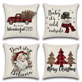OTOSTAR Decorative Christmas Pillow Covers 18x18 Inch Outdoor Waterproof Throw Pillow Covers Black Red Plaid Truck Case Cushion Garden Snowman Tree Pillowcase for Indoor Patio Couch Tent Pack of 4