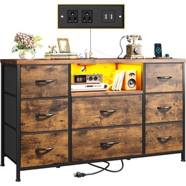 Dresser for Bedroom with LED Lights & Power Outlets, Dresser with 8 Drawers for 55-inch TV, Chest of Drawers with Open Shelves & 6 Adjustable Feet for Living Room and Entryway, Rustic Brown