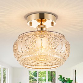 Tbaoinla Semi Flush Mount Ceiling Light - French Gold Finish & Amber Floral Glass Shade, Vintage Modern Lighting for Bathroom, Kitchen, Bedroom (Bulb Not Included)