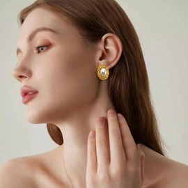 arete ovalados de perlas para mujer, de acero inoxidable retorcido de agua dulce chapados en oro de 18 quilates, joyería regalo para el día de la madre, Acero inoxidable, Perla